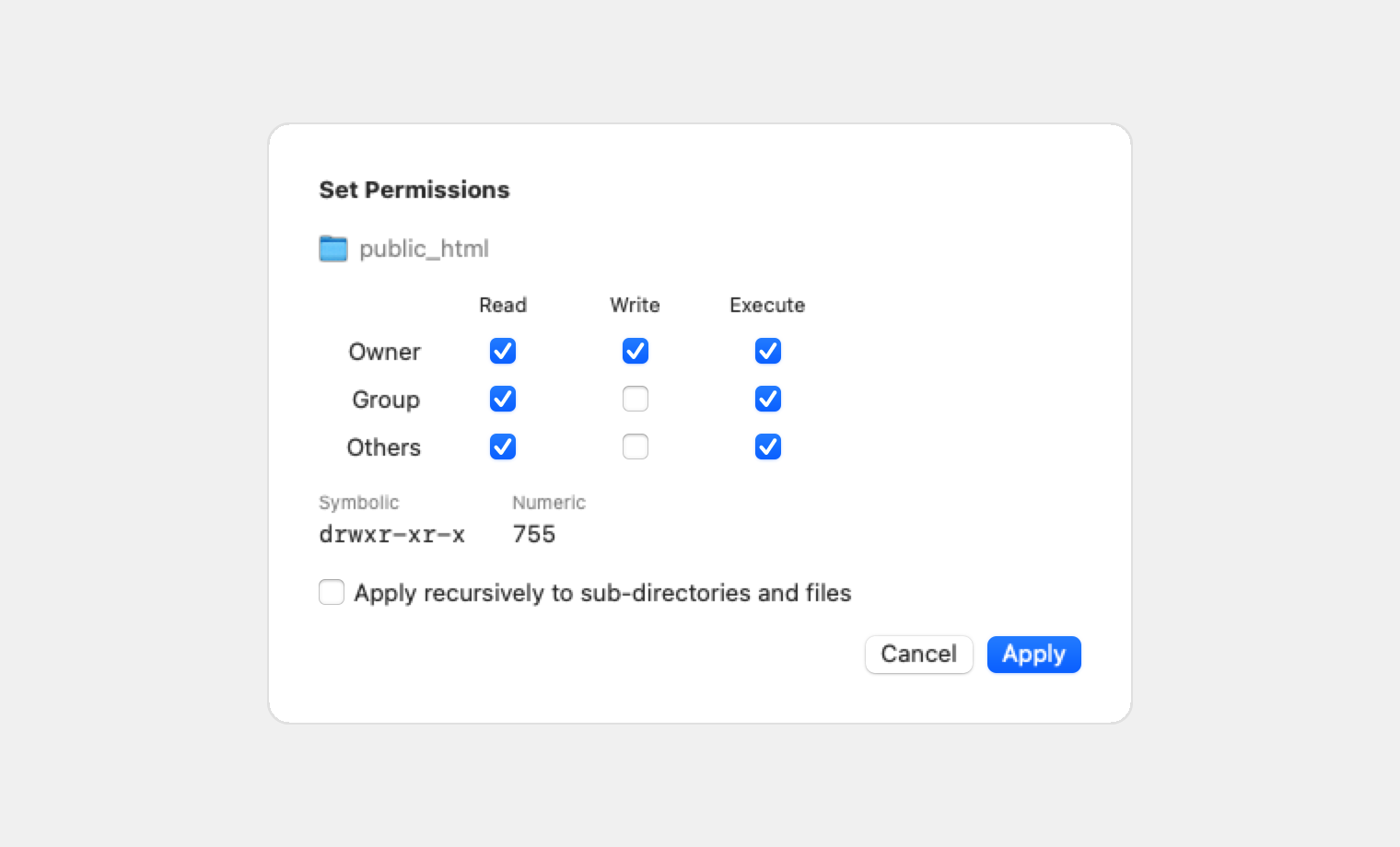 MinoSSH permissions sheet with read, write and execute toggles