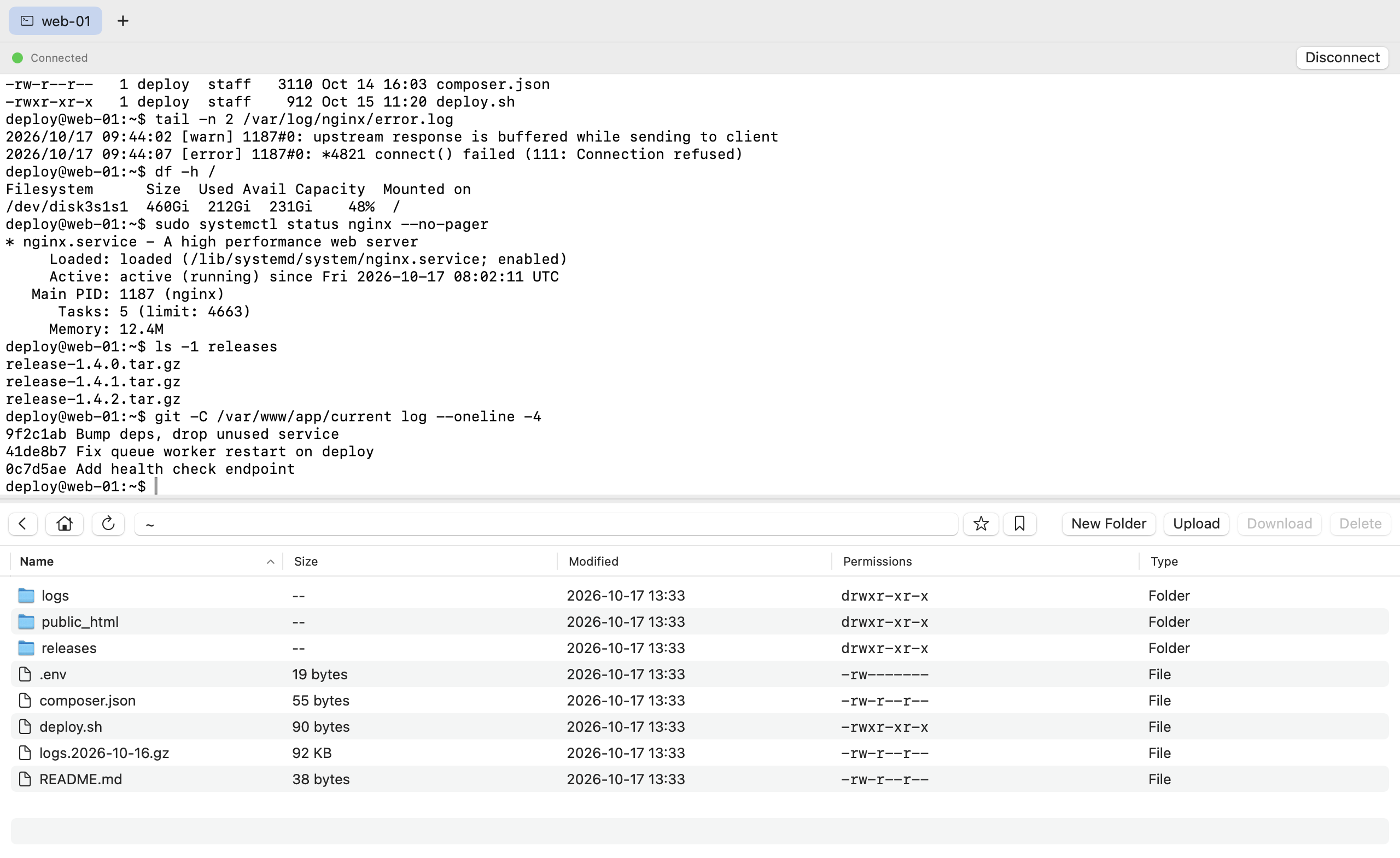 MinoSSH terminal pane with an SSH session and the tab bar above it
