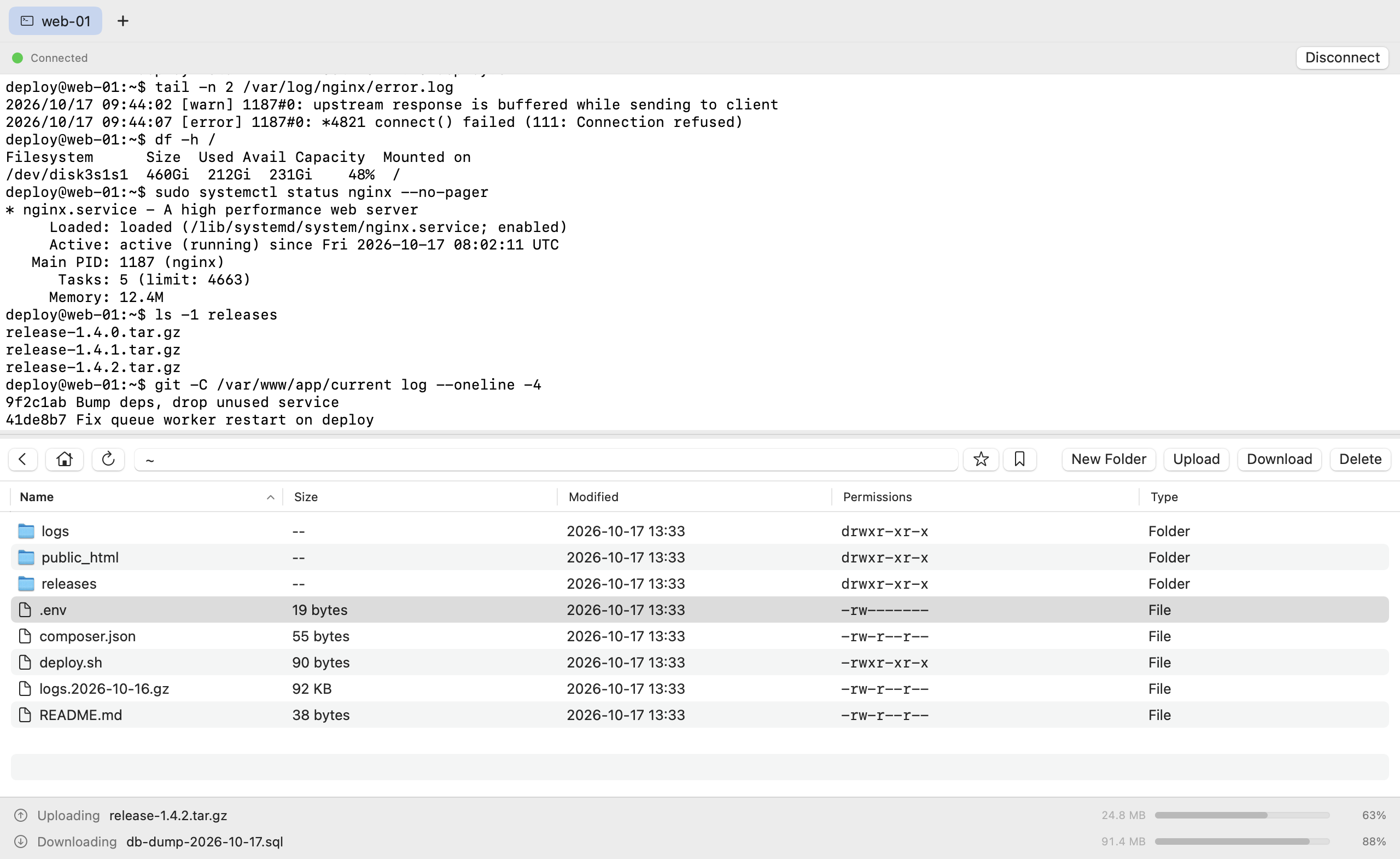 MinoSSH transfer bar showing upload progress and speed